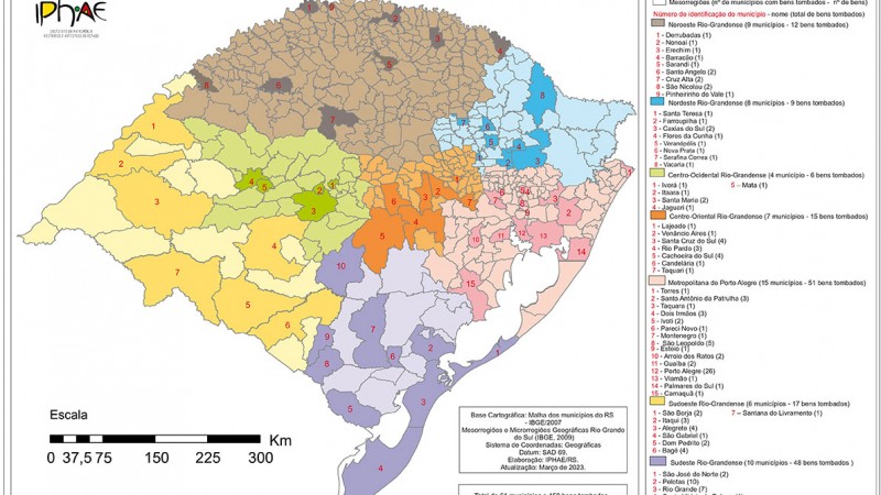 Mapa identificando os 61 munic&iacute;pios que possuem bens tombados no estado do Rio Grande do Sul